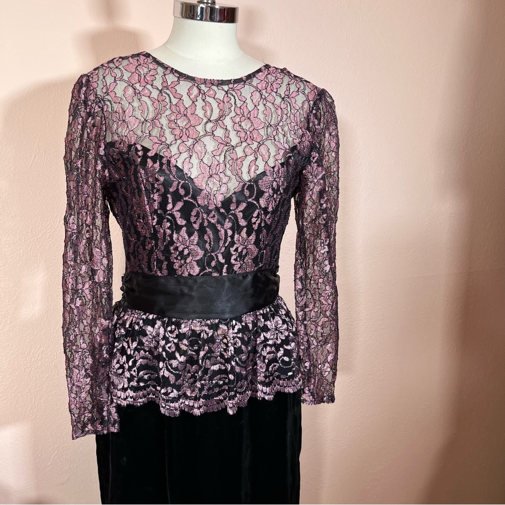 Vintage 1990 Gunne Sax Retro Pink Lace Black velvet Low Back Bow Wiggle Dresss - Picture 14 of 17